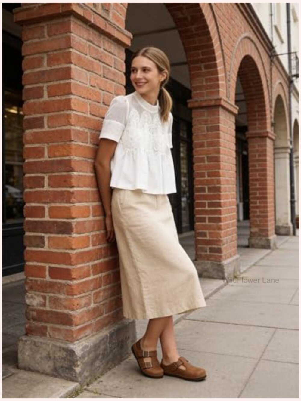 Lace-Detail Flared Blouse Short-Sleeve Crew Neck Poplin Mesh Swing Top - Picture 3 of 7